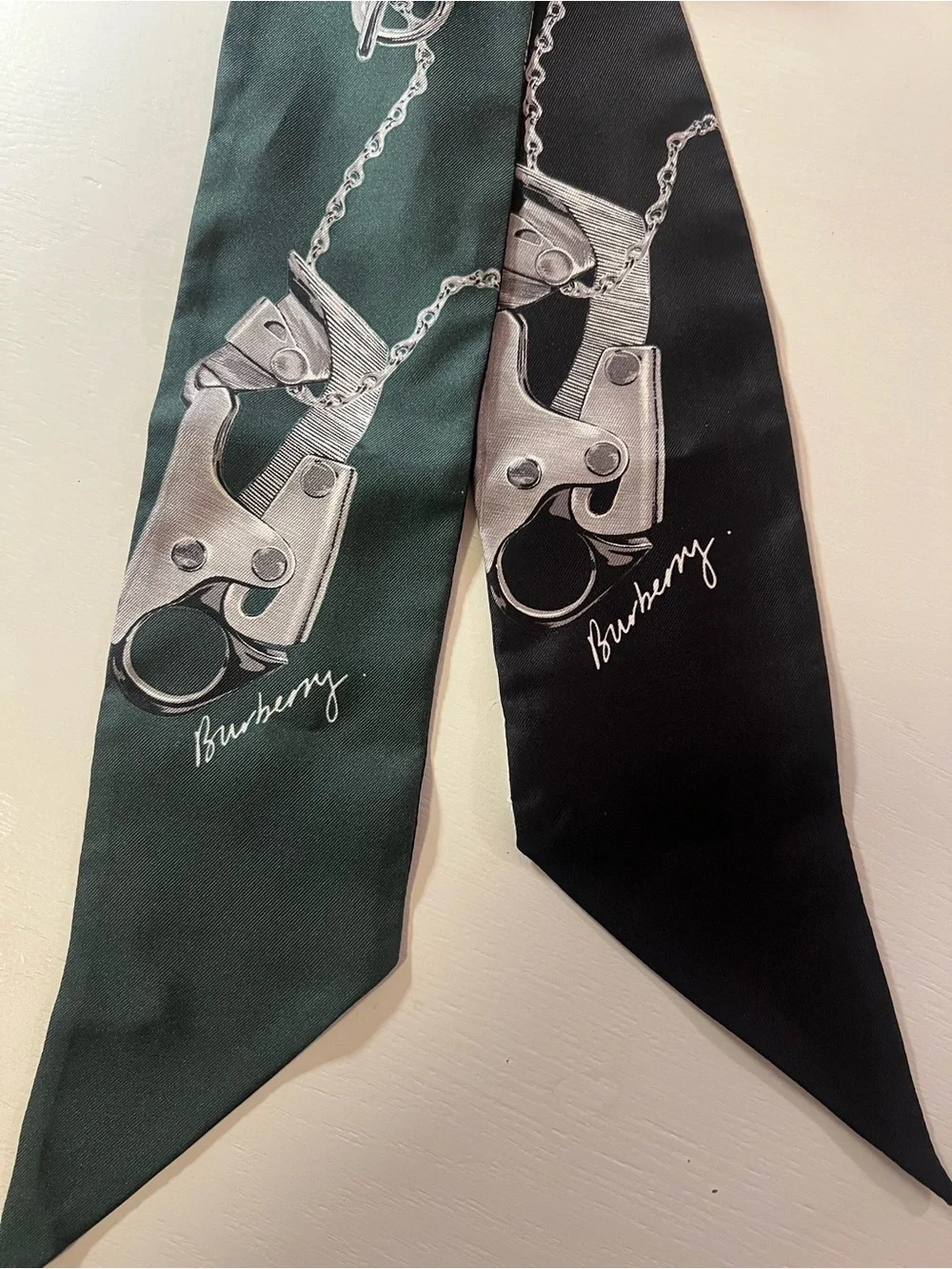 Burberry Black & Dark Green Silk Scarf Twilly with Silver Hardware Motif